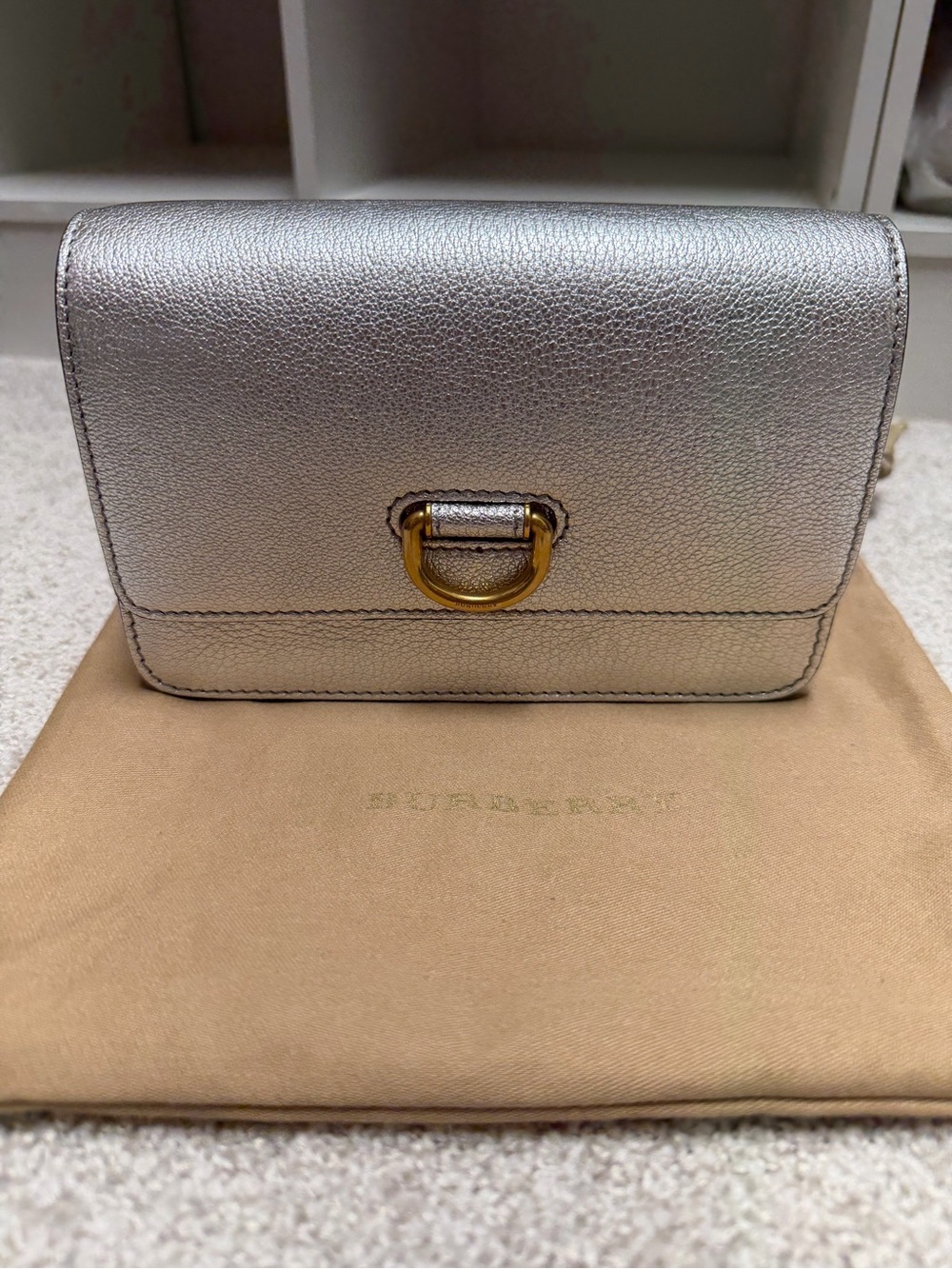 Burberry Silver Metallic Leather Crossbody With Gold Hardware
